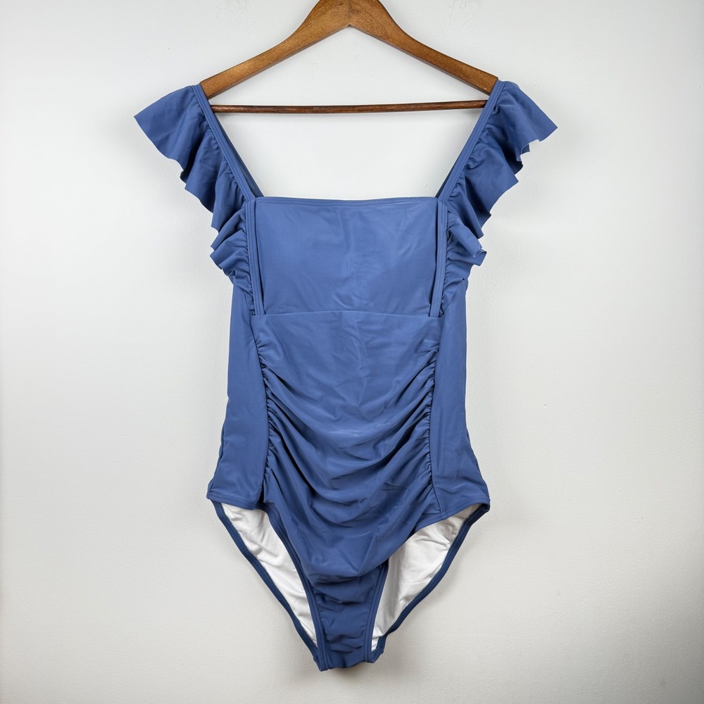 Charmo Ruffle Ruched One Piece Swimsuit Women Large Blue Beachwear Vacation Pool